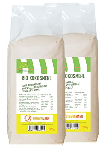 Bio Kokosmehl 2er Pack (2 x 1000g) - Hoher Proteingehalt - Hoher Ballaststoffgehalt - glutenfrei - von Zimmermann Sportnahrung