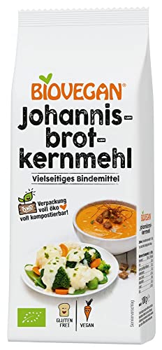 Biovegan Bio Johannisbrotkernmehl, hochwertiges Bindemittel 100% Bio, ideal zum Andicken von warmen Speisen wie Soßen, Suppen und mehr, geschmacksneutral, vegan und glutenfrei (1x 100g)