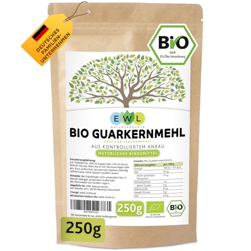EWL Naturprodukte Guarkernmehl Bio 250g, Guarkernmehl für Eis, Guar Gum Vegan und Glutenfrei, Bindemittel E412 aus kontrolliertem Anbau