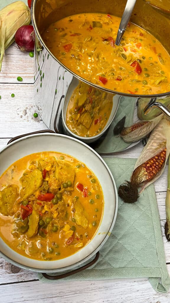 Fertige Backofensuppe in einem Kochtopf und einem Suppenteller