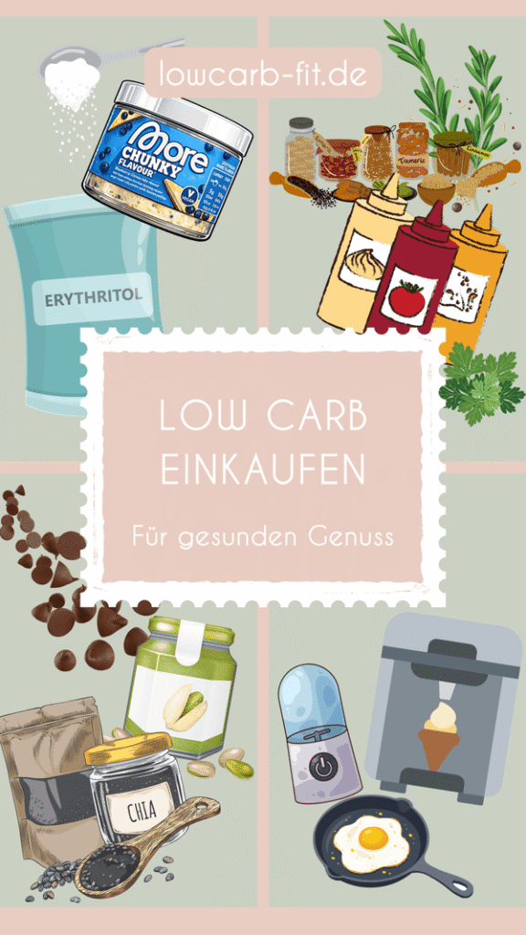 Infografik low carb Einkaufen mit Bildern von zuckerfreien low carb Lebensmitteln und Küchenhelfern