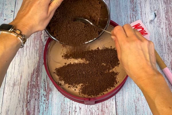 Low carb Eiskaffee Sahne Torte aus dem Thermomix wird mit Kuchenkrümeln bestreut