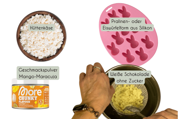 Zutaten für das Eispralinen Rezept: Hüttenkäse, Chunky Flavour von More Nutrition, weiße Schokolade und eine Silikonform