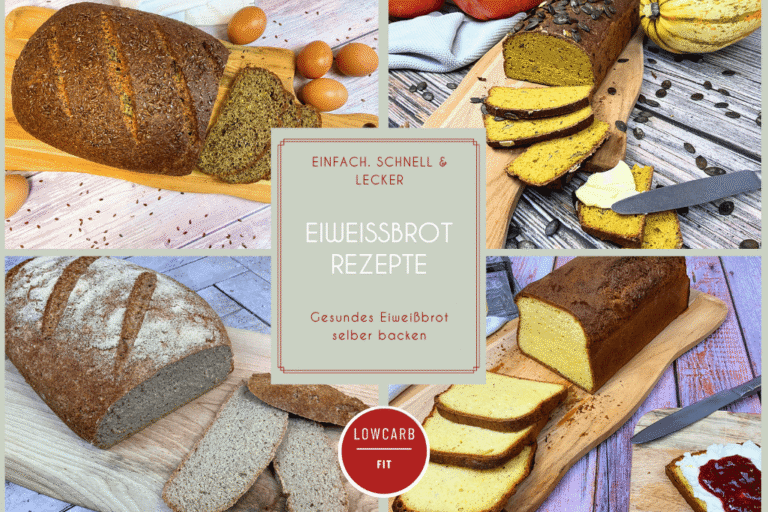 Eiweißbrot Rezepte mit Bildern von vier verschiedenen angeschnittenen Eiweißbroten auf Holzbrettern