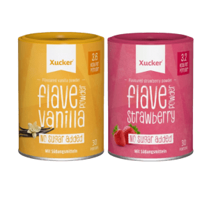 Zwei Dosen zuckerfreies Geschmackspulver Flave Powder von Xucker in Vanille und Erdbeer Geschmack