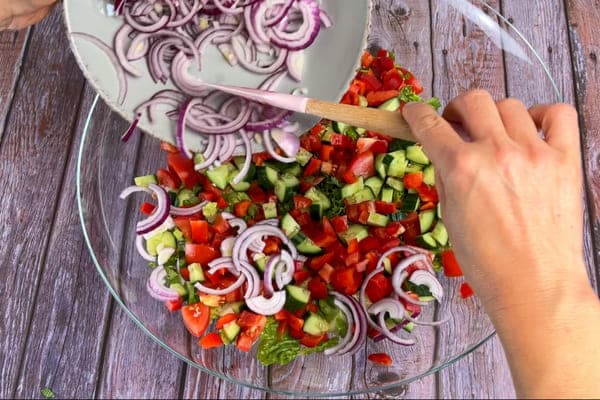 Salat, Minze, Koriander, gewürfelte Tomaten, Gurken, Paprika und rote Zwiebeln in halben Ringen für den italienischen Brotsalat in einer großen Glasschale