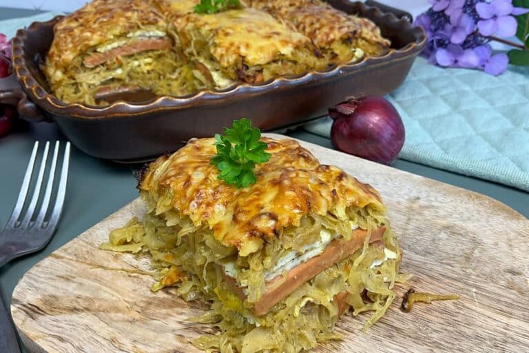 Low carb Leberkäse Sauerkraut Auflauf - Spiegeleier statt Nudelplatten, ohne Kartoffeln: Ofengericht