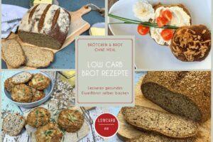Vier Bilder von low carb Brot Rezepten: Angeschnittenes Joghurtbrot auf einem Holzbrett, überbackenes Käsebrötchen mit Frischkäse, Tomaten und Schnittlauch auf einem Teller, Speckbrötchen mit Schnittlauch in einer Schale und auf einem Brett und vegane Eiweißbrot auf einem Holzbrett