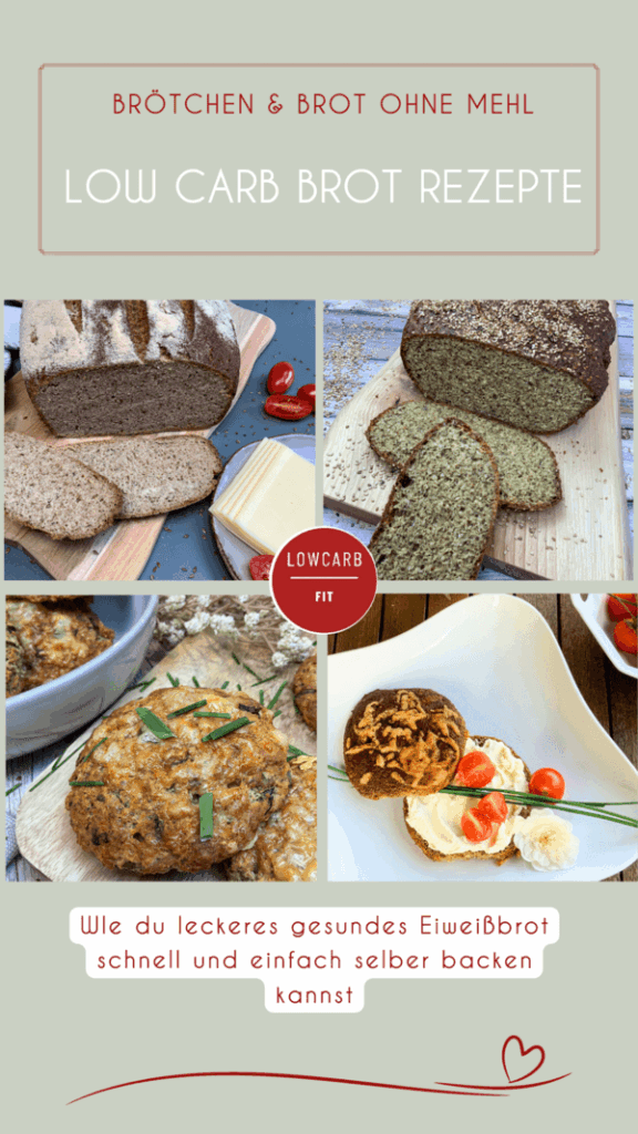 Bilder von einfachen low carb Brot Rezepten: Joghurtbrot, Eiweißbrot mit Sesam, Speckbrötchen und mit Käse überbackene Eiweißbrötchen