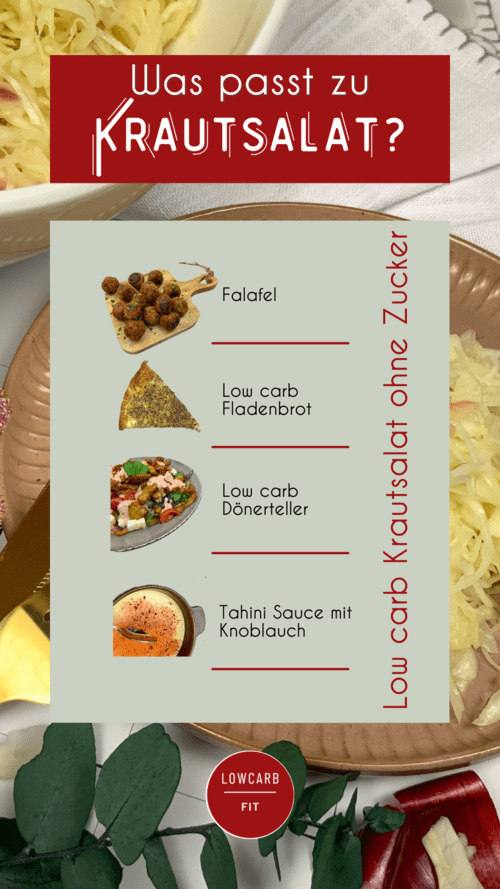 Was passt zu low carb Krautsalat ohne Zucker? Zum Beispiel Falafel, low carb Fladenbrot, ein low carb Dönerteller und Tahini Sauce mit Knoblauch.