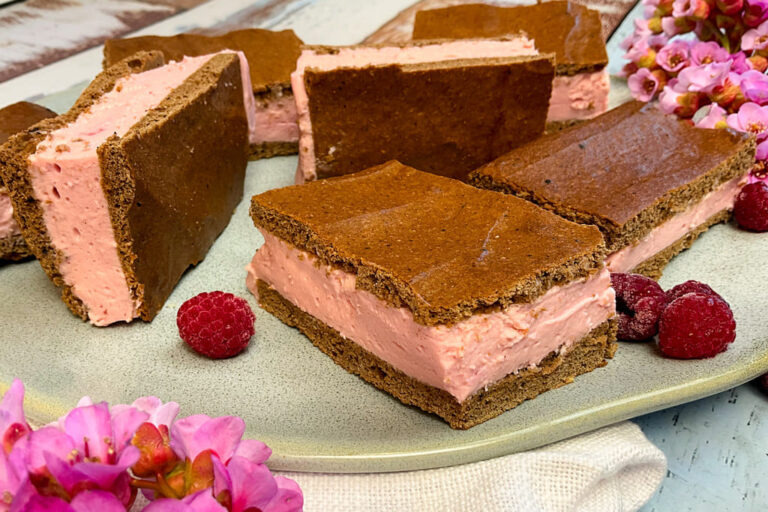 Selbst gemachte low carb Milchschnitte mit Himbeer Füllung auf einem Teller
