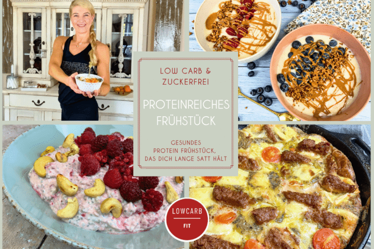 Proteinreiches Frühstück mit Bildern von low carb Grießbrei ohne Zucker, Frittata in einer Pfanne, zuckerfreiem Chia Protein Pudding mit Himbeeren und Cashews und Biene mit einer Skyr Bowl mit Sojaflocken und Aprikosen