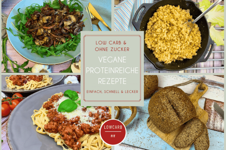 Vegane proteinreiche Rezepte mit Bildern von Rucola Salat mit gebratenen Champignons, Blumenkohlreis, veganem Eiweißbrot und veganer Bolognese