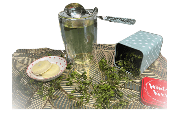 Eine Tasse Waldmeister Tee, ein kleiner Teller mit Keksen und eine Teedose mit getrocknetem Waldmeister
