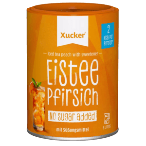 Eine Dose Instant Eistee ohne zugesetzen Zucker der Sorte Pfirsich von Xucker