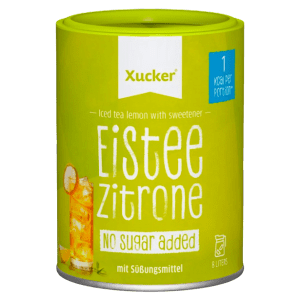 Eine Dose Instant Eistee ohne zugesetzen Zucker der Sorte Zitrone von Xucker