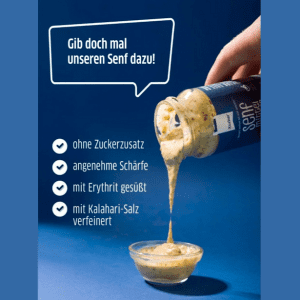 Bild von Xucker Senf ohne zugesetzten Zucker, der vom Glas in ein Schälchen gegossen wird