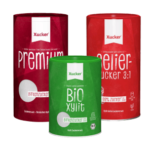 3 Dosen mit Xylit Produkten von Xucker: Xylit, Gelier-Xucker und Bio-Xylit
